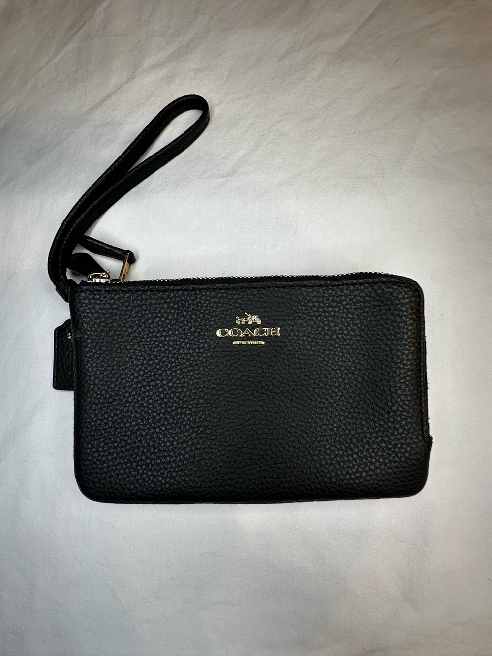 Coach Black Pebbled Leather Double Corner Zip Wristlet with Gold Logo